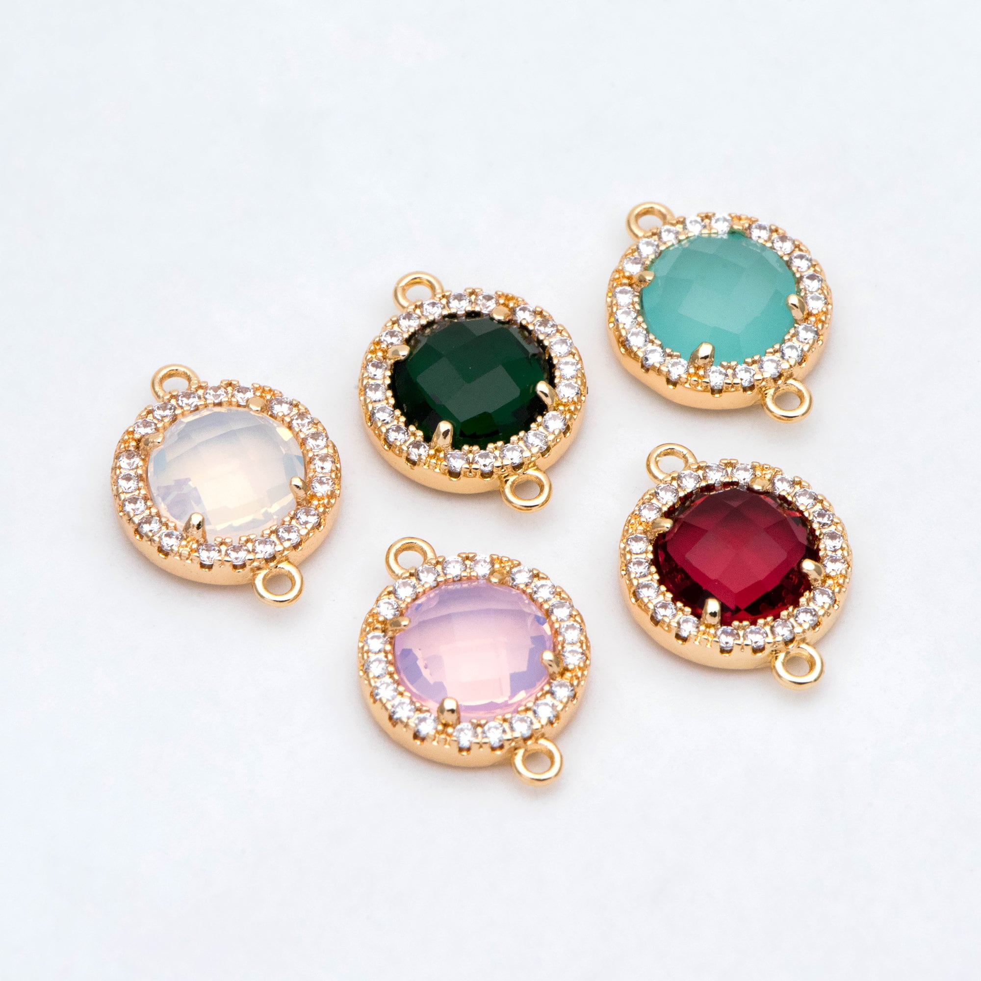 4pcs CZ Pave Gold Framed Glass Connector 16x12mm, Circle Bezel Charm Pendants (GB-2881)